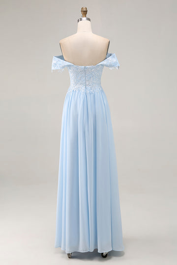 Elegant Sky Blue Sheath Off the Shoulder Chiffon Long Mother of the Bride with Appliques